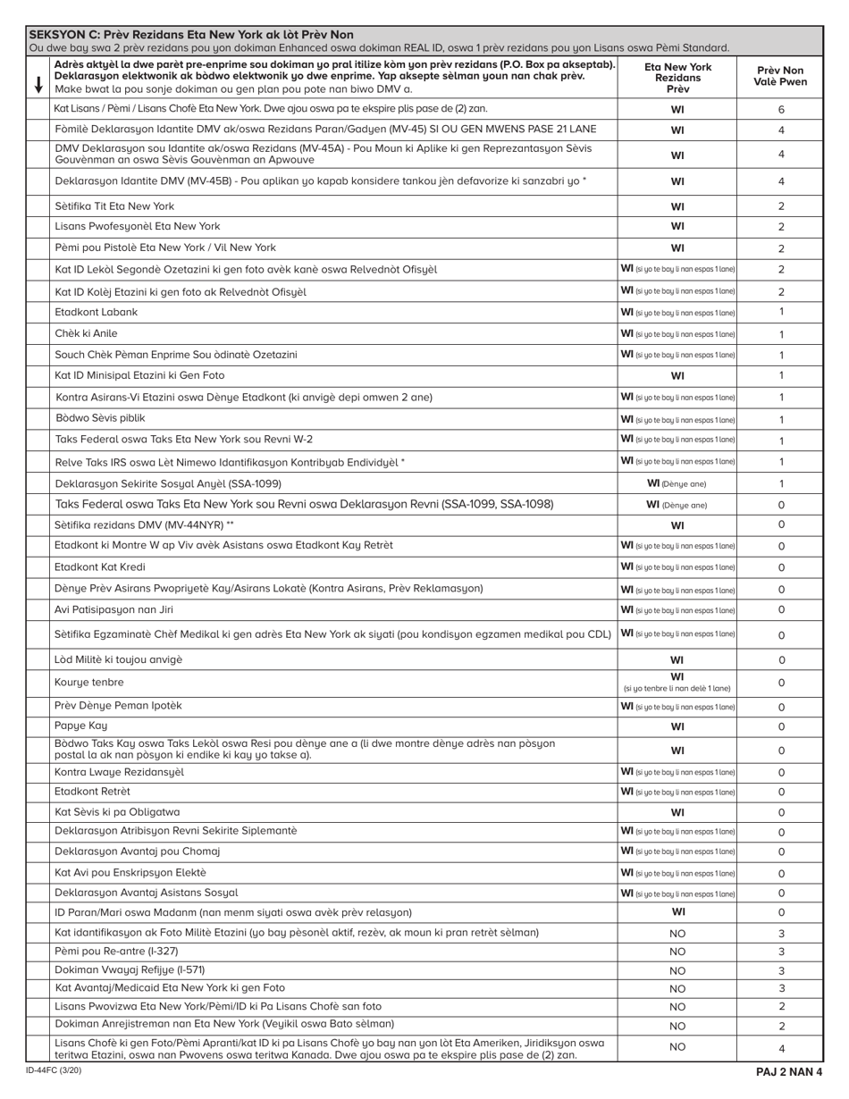 Form ID-44FC How to Apply for a New York: Learner Permit, Driver License, Non-driver Id Card - New York (Creole), Page 2