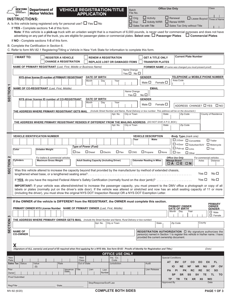 Form MV 82 Download Fillable PDF Or Fill Online Vehicle Registration