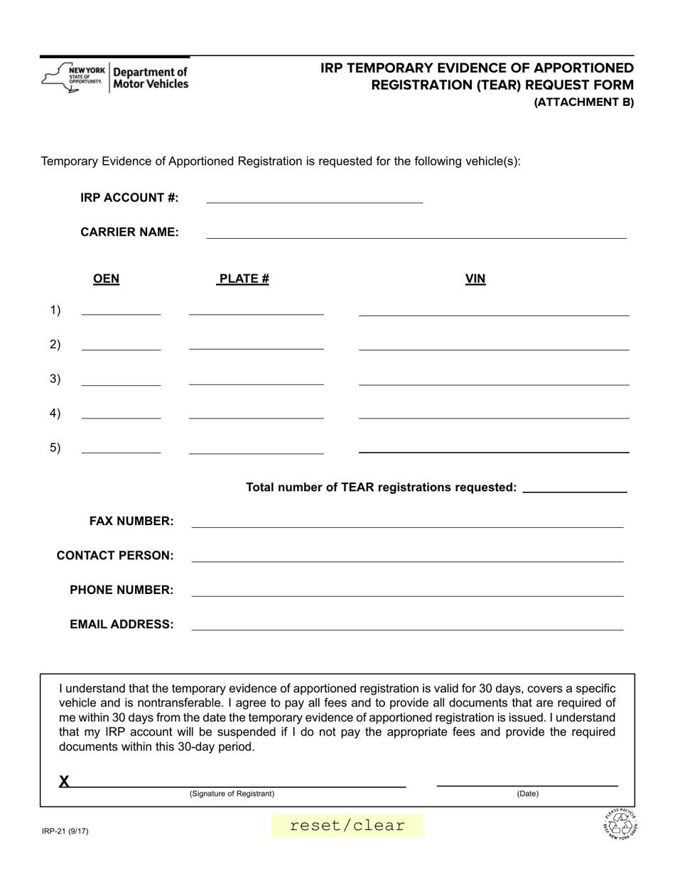Form IRP-21 Attachment B Irp Temporary Evidence of Apportioned Registration (Tear) Request Form - New York, Page 1