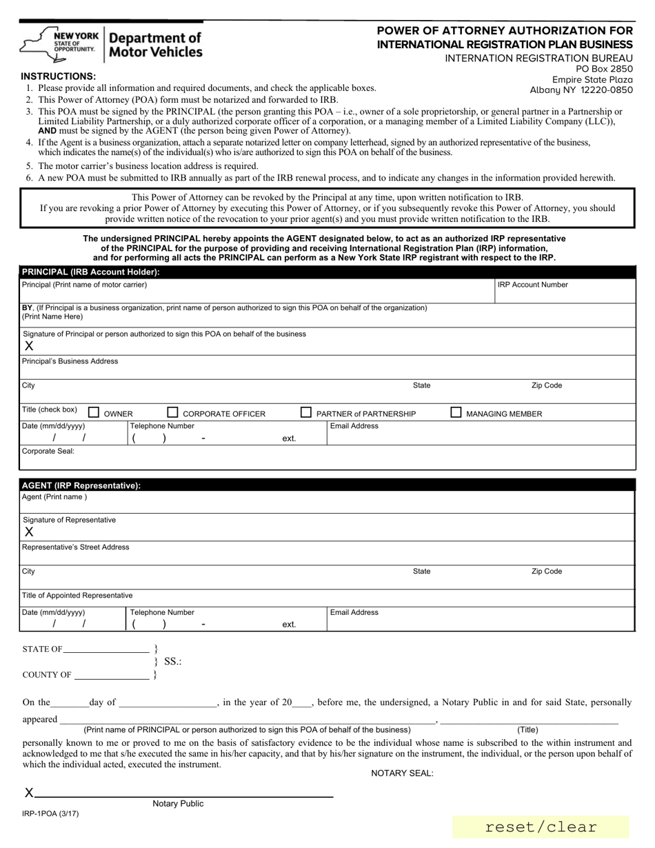 Form IRP-1POA Power of Attorney Authorization for International Registration Plan Business - New York, Page 1