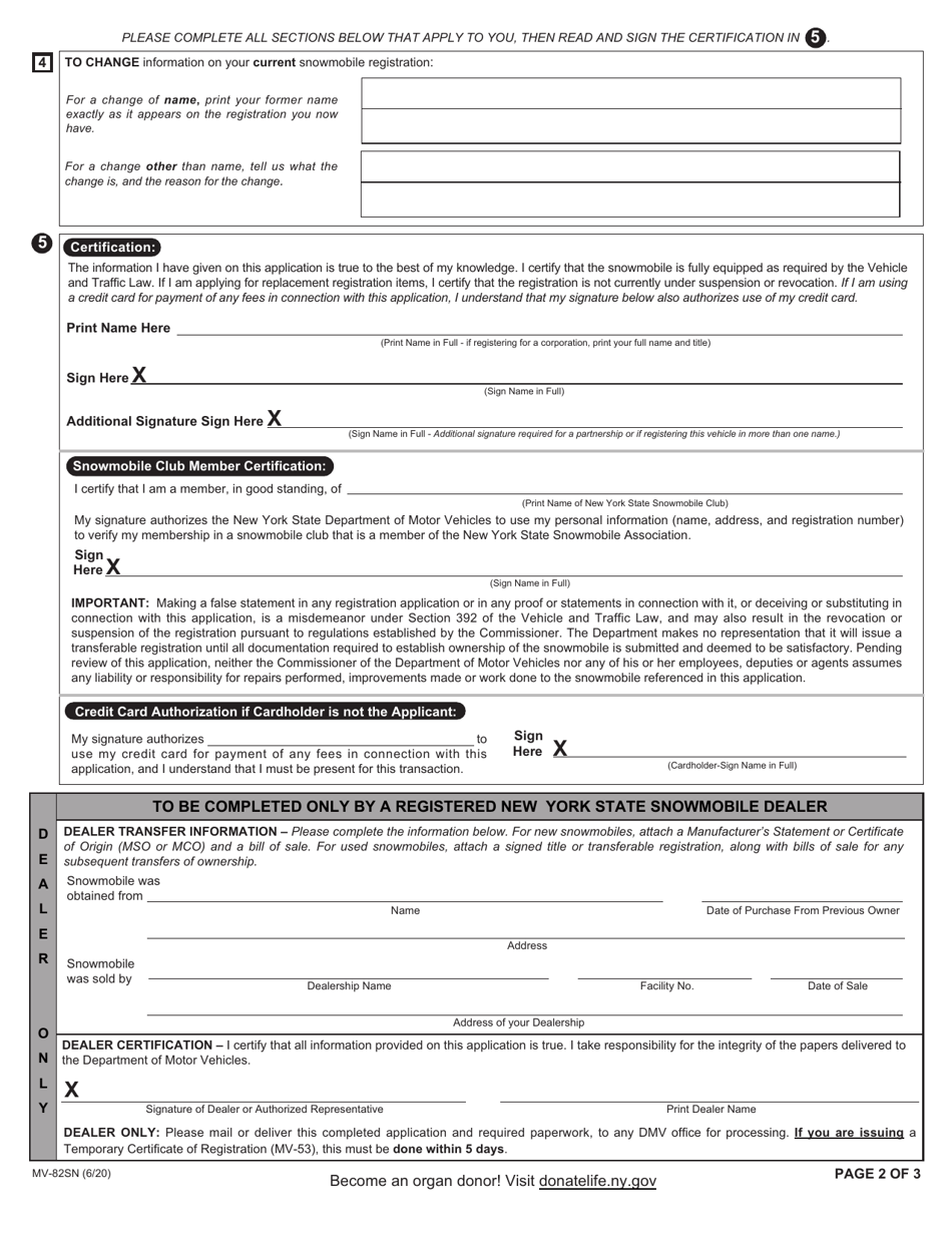 Form MV-82SN Snowmobile Registration Application - New York, Page 2