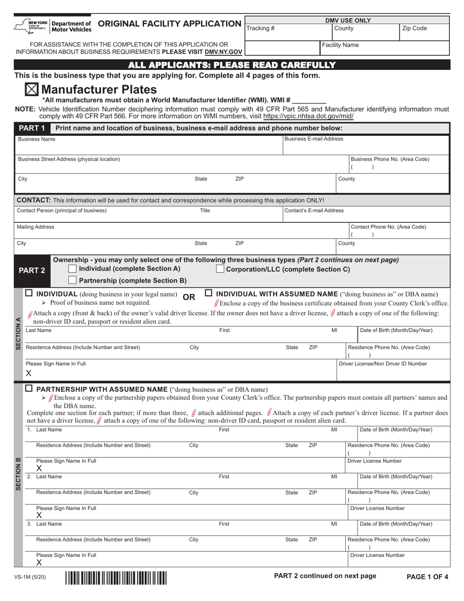 Form VS-1M Vehicle Safety Original Facility Application - Manufacturer Plates - New York, Page 1