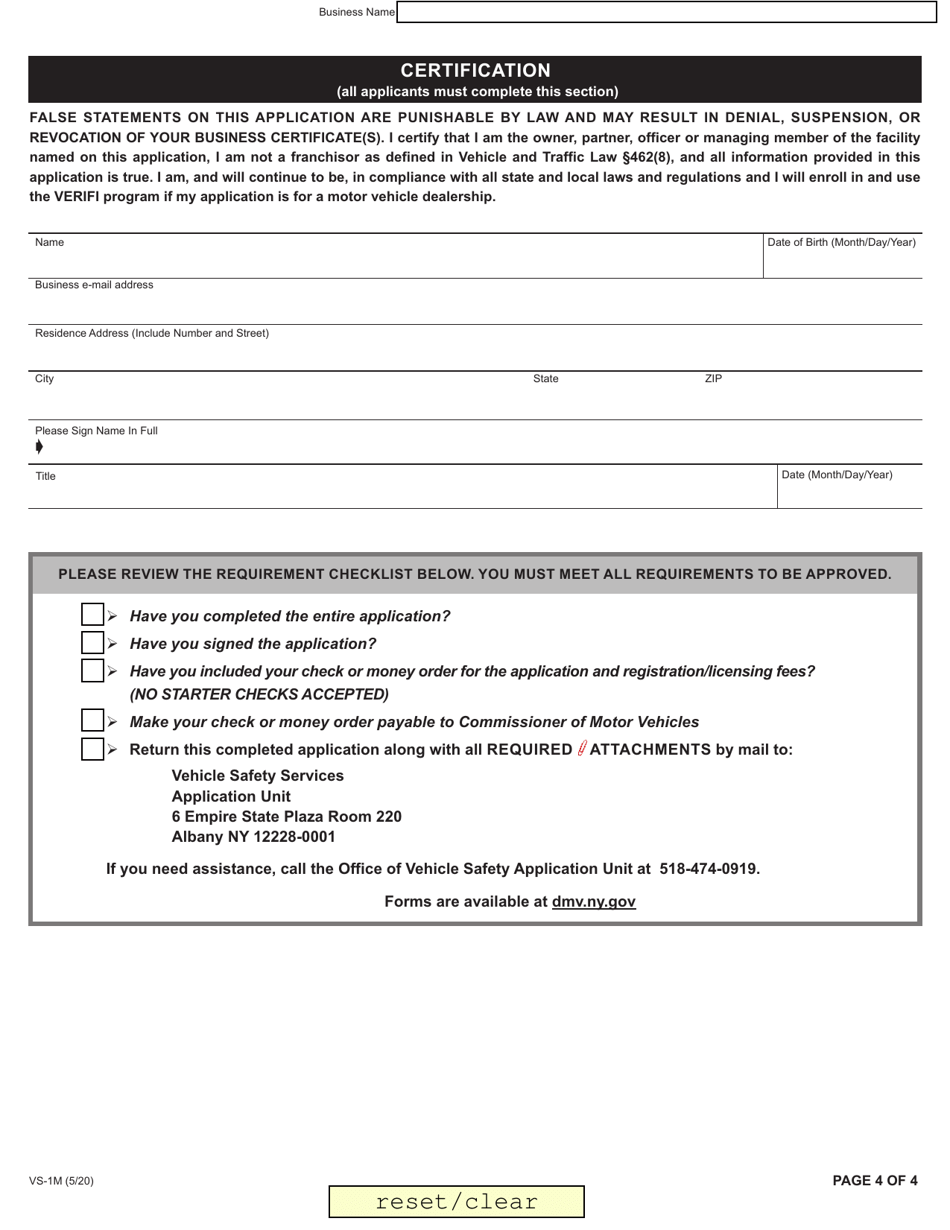 Form VS-1M Vehicle Safety Original Facility Application - Manufacturer Plates - New York, Page 4