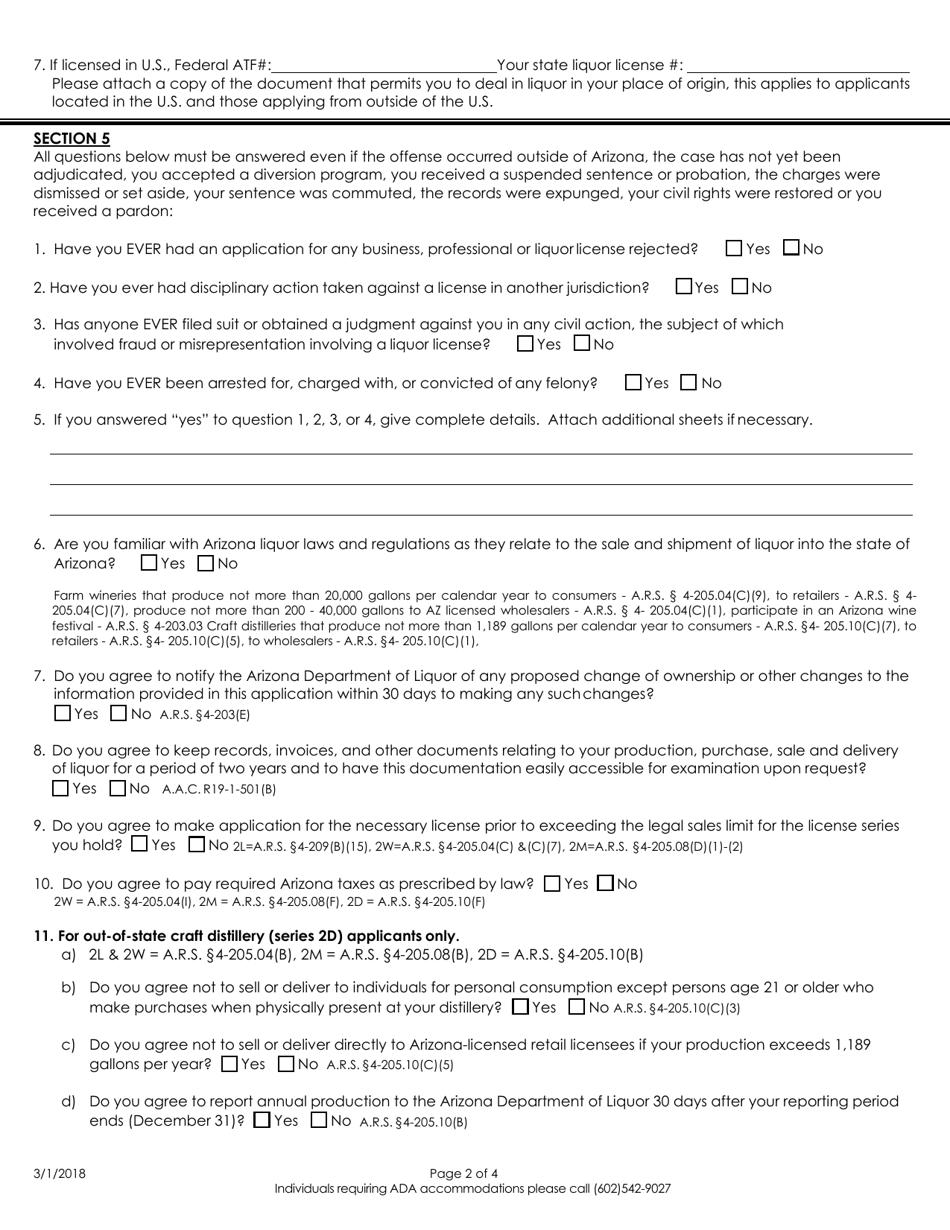 Application for Out-of-State Producer Liquor Licenses - Arizona, Page 2