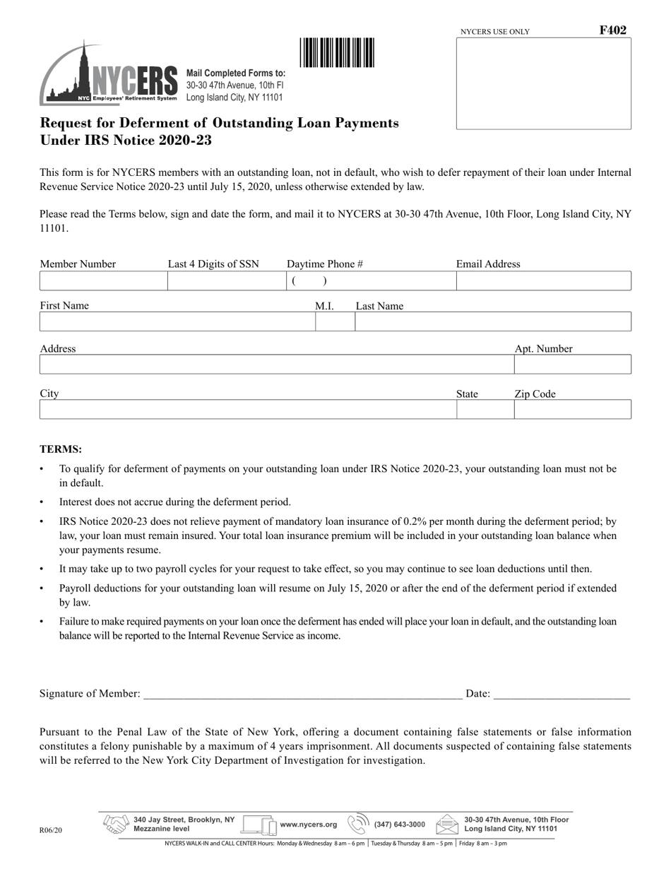 Form F402 Request for Deferment of Outstanding Loan Payments Under IRS Notice 2020-23 - New York City, Page 1