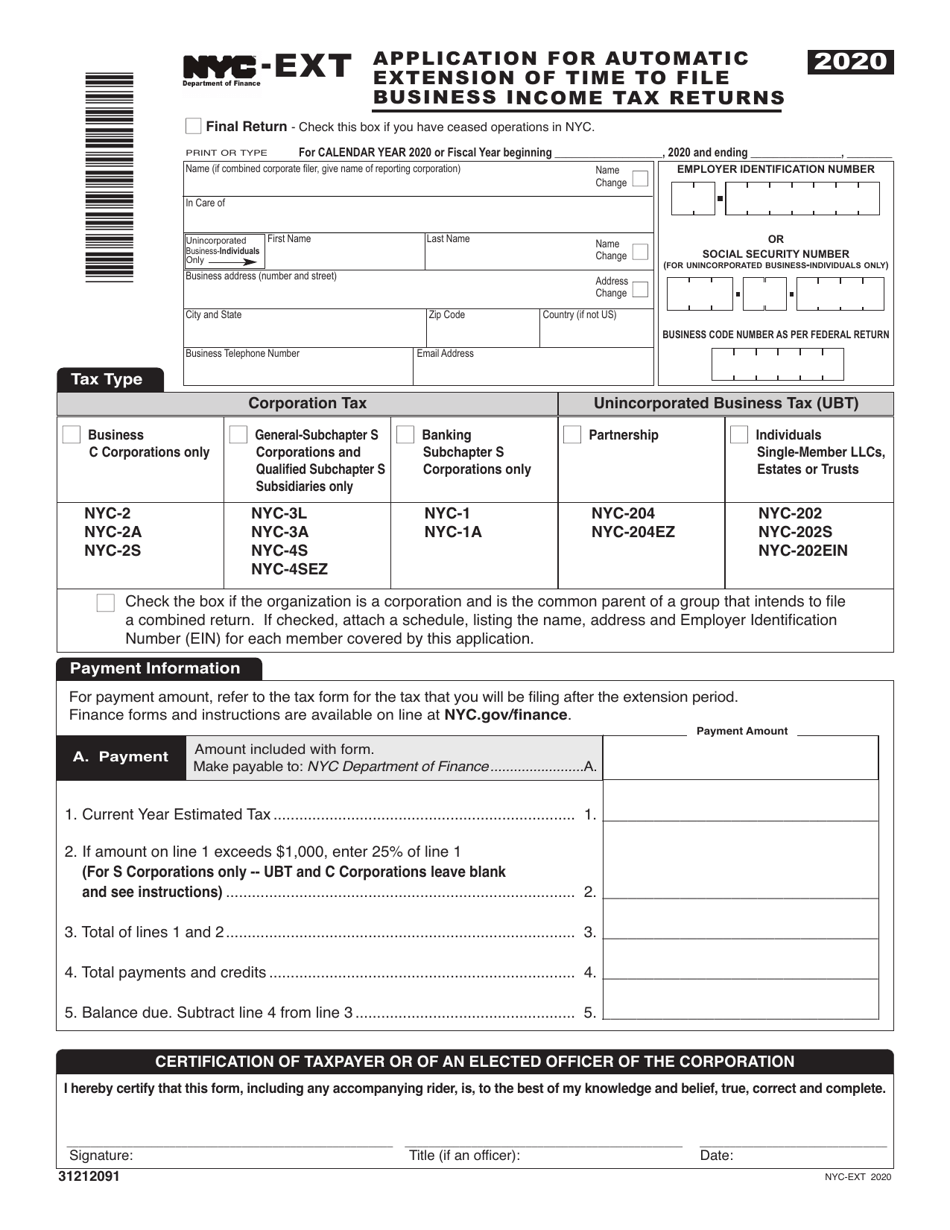 Form NYC-EXT Application for Automatic Extension of Time to File Business Income Tax Returns - New York City, Page 1
