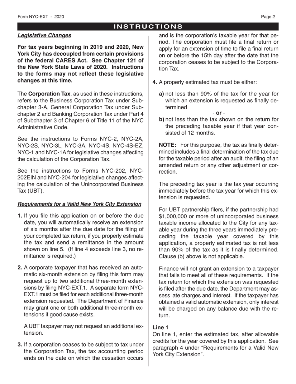 Form NYC-EXT Application for Automatic Extension of Time to File Business Income Tax Returns - New York City, Page 2