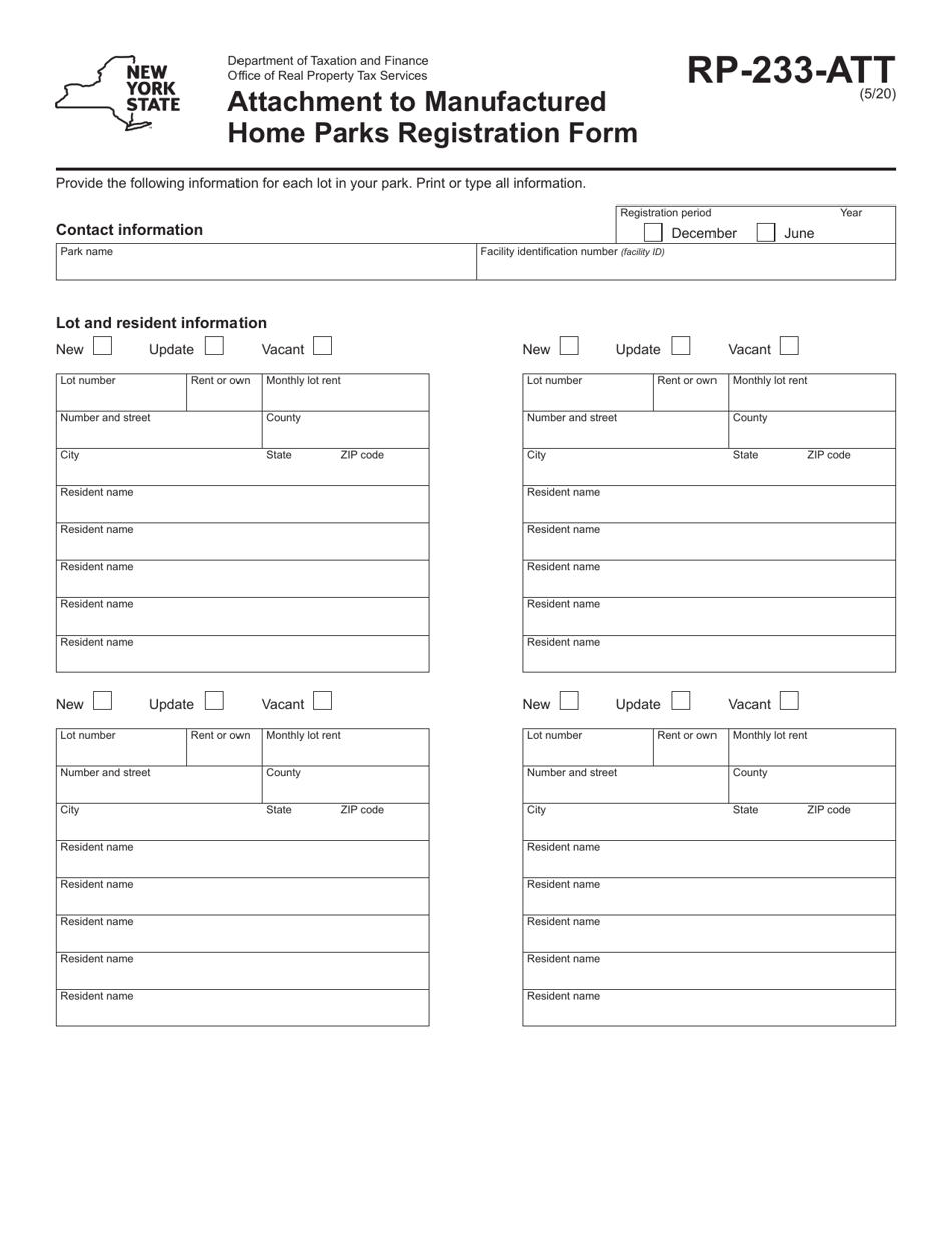 Form RP-233-ATT Attachment to Manufactured Home Parks Registration Form - New York, Page 1