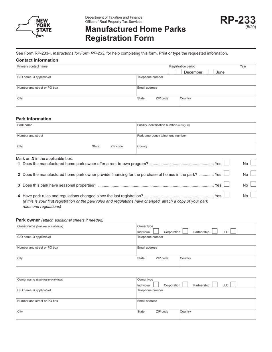 Form RP-233 Manufactured Home Parks Registration Form - New York, Page 1
