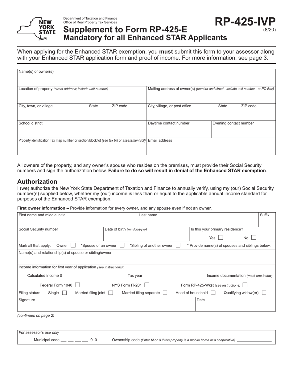 Form RP-425-IVP Mandatory for All Enhanced Star Applicants - New York, Page 1