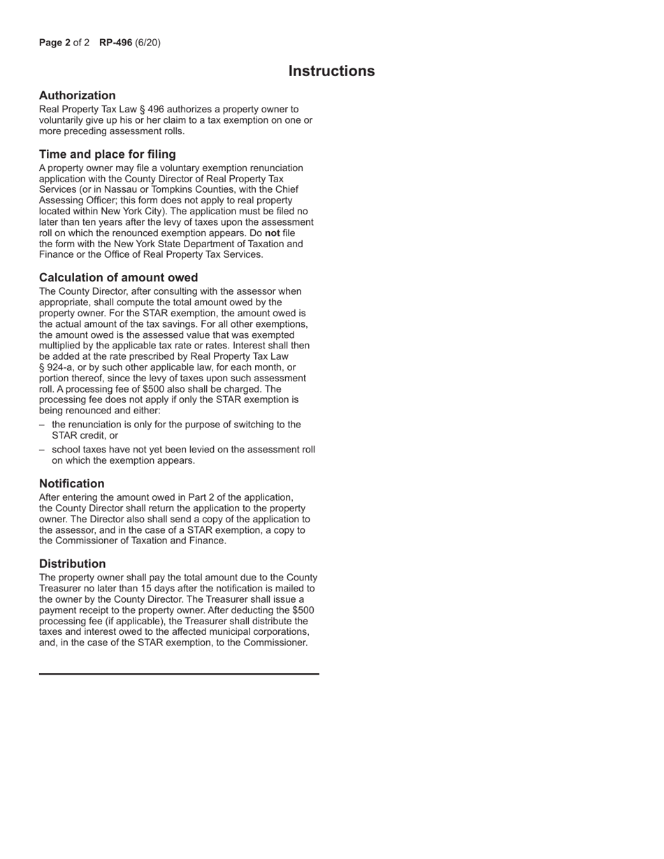 Form RP-496 Application to Renounce Previously Granted Exemption(S) - New York, Page 2