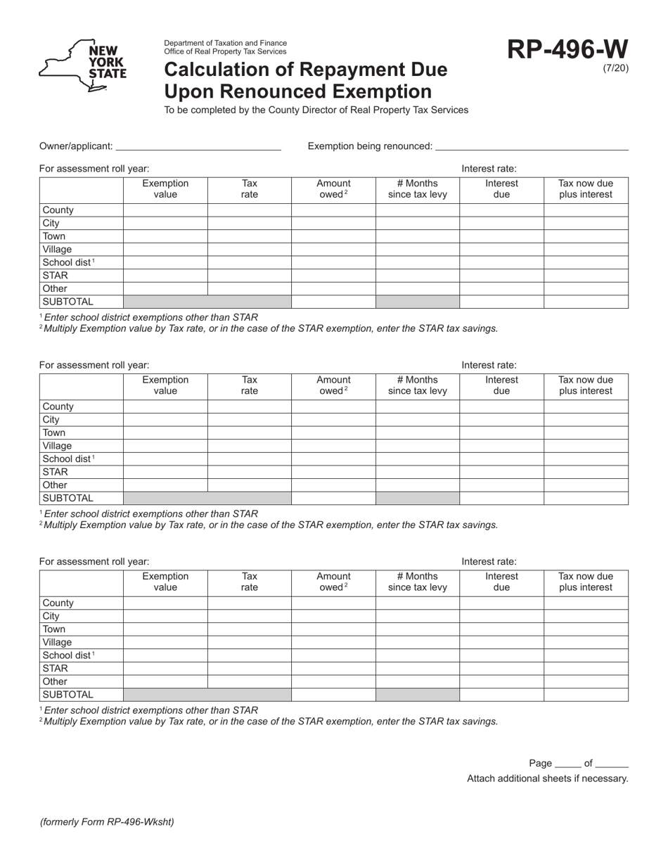 Form RP-496-W Calculation of Repayment Due Upon Renounced Exemption - New York, Page 1