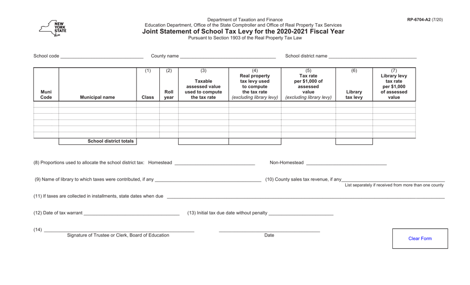 Form RP-6704-A2 Joint Statement of School Tax Levy - New York, Page 1