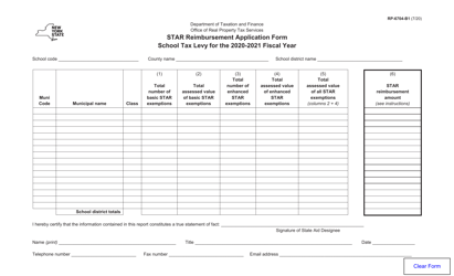 Form RP-6704-B1 Star Reimbursement Application Form School Tax Levy - New York