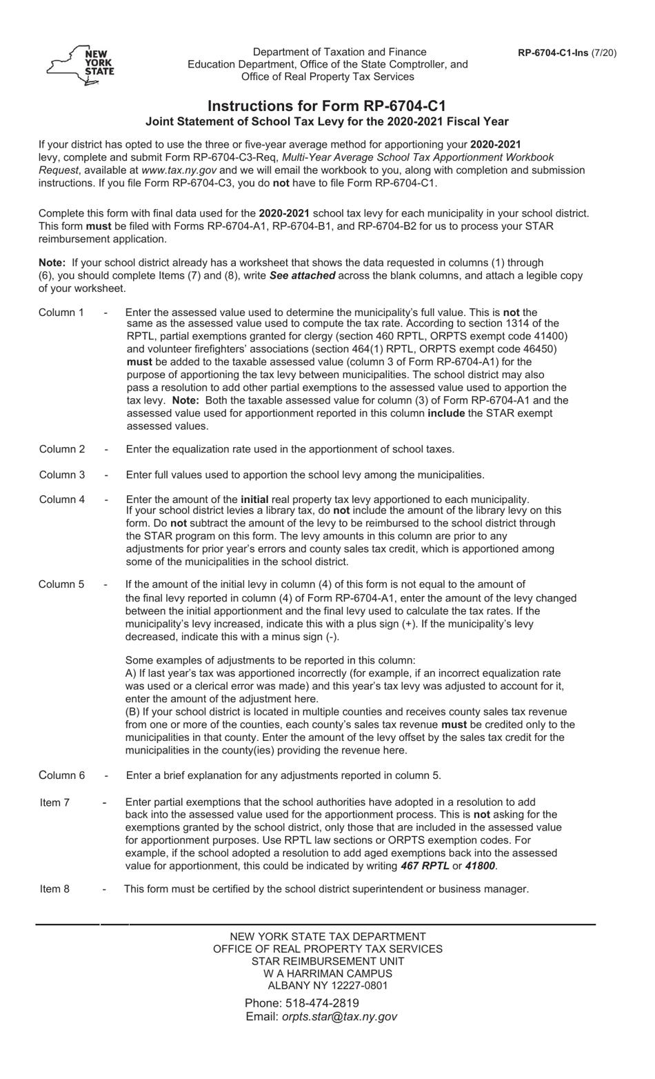 Form RP-6704-C1 Joint Statement of School Tax Levy - New York, Page 2