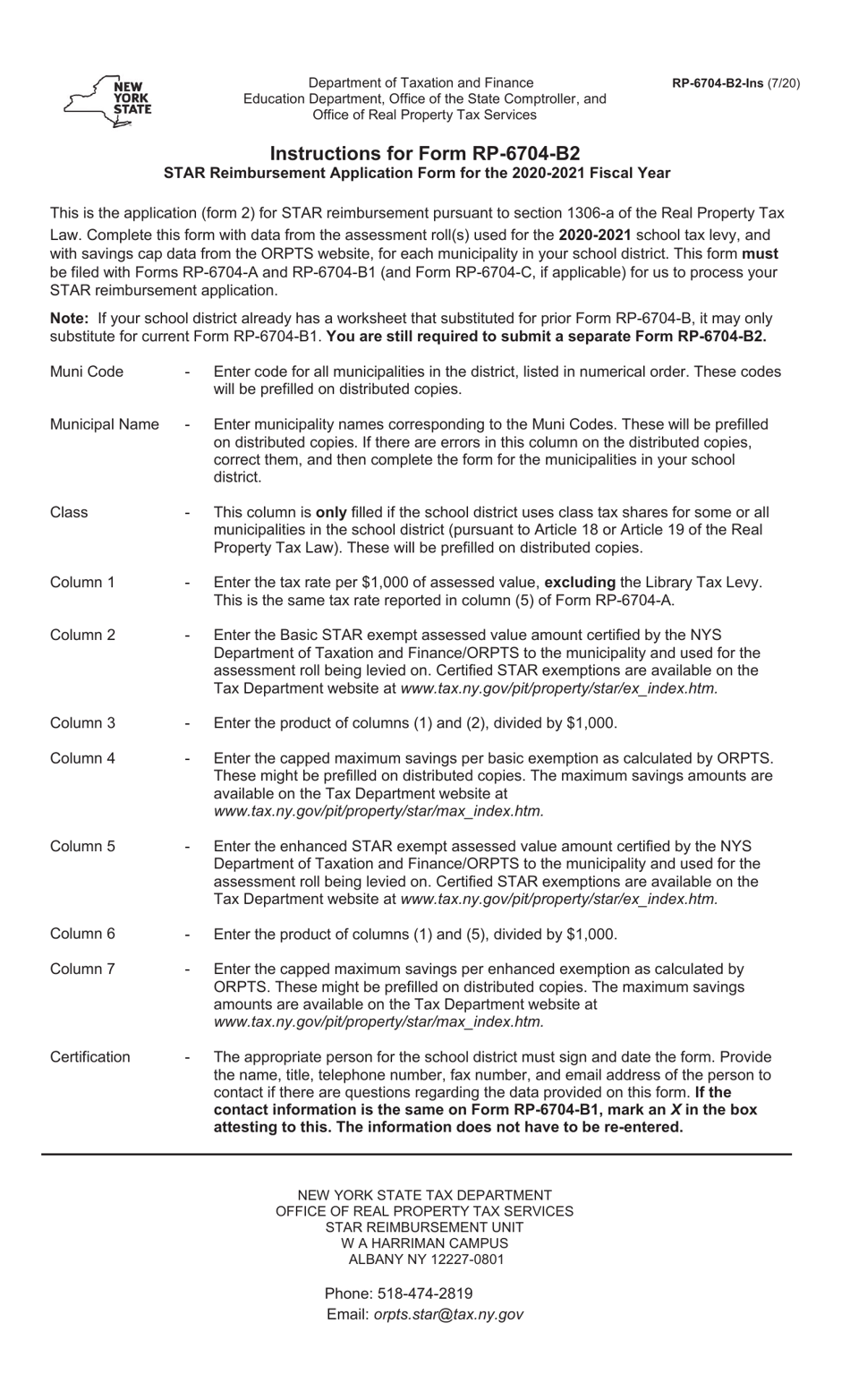 Form RP-6704-B2 Star Reimbursement Application Form - School Tax Levy - New York, Page 2