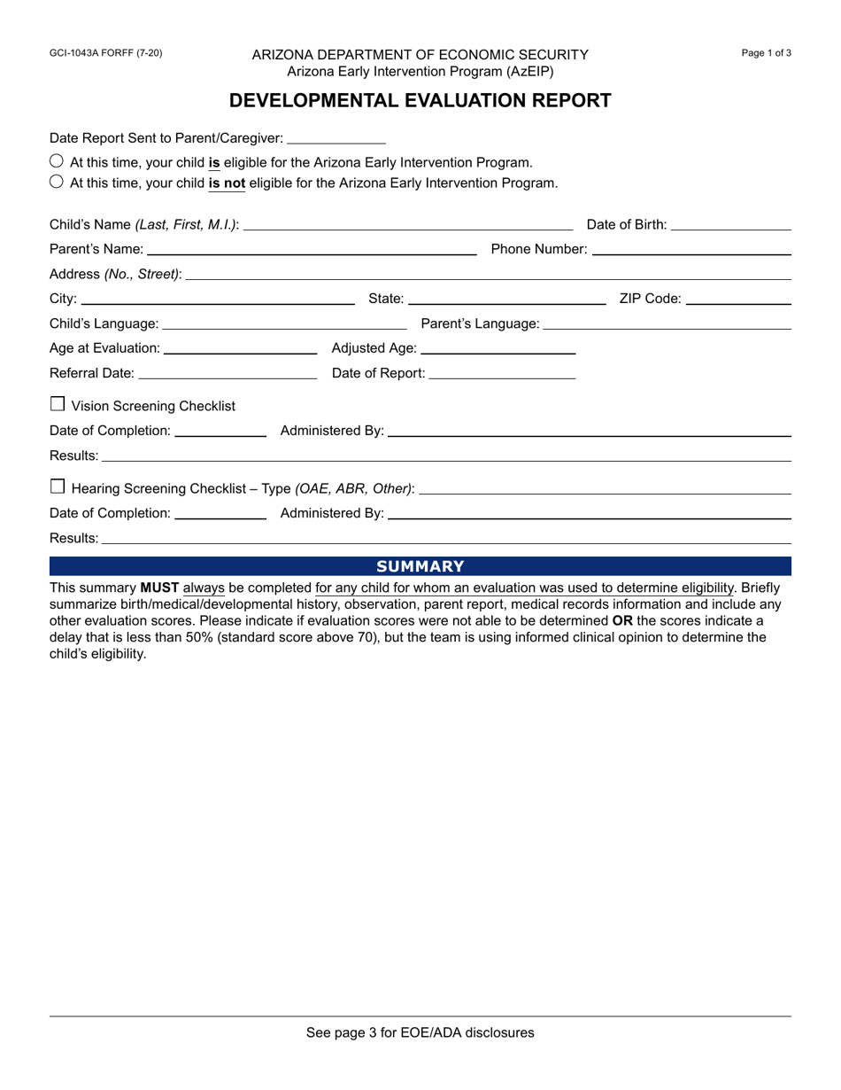 Form GCI-1043A Developmental Evaluation Report - Arizona, Page 1