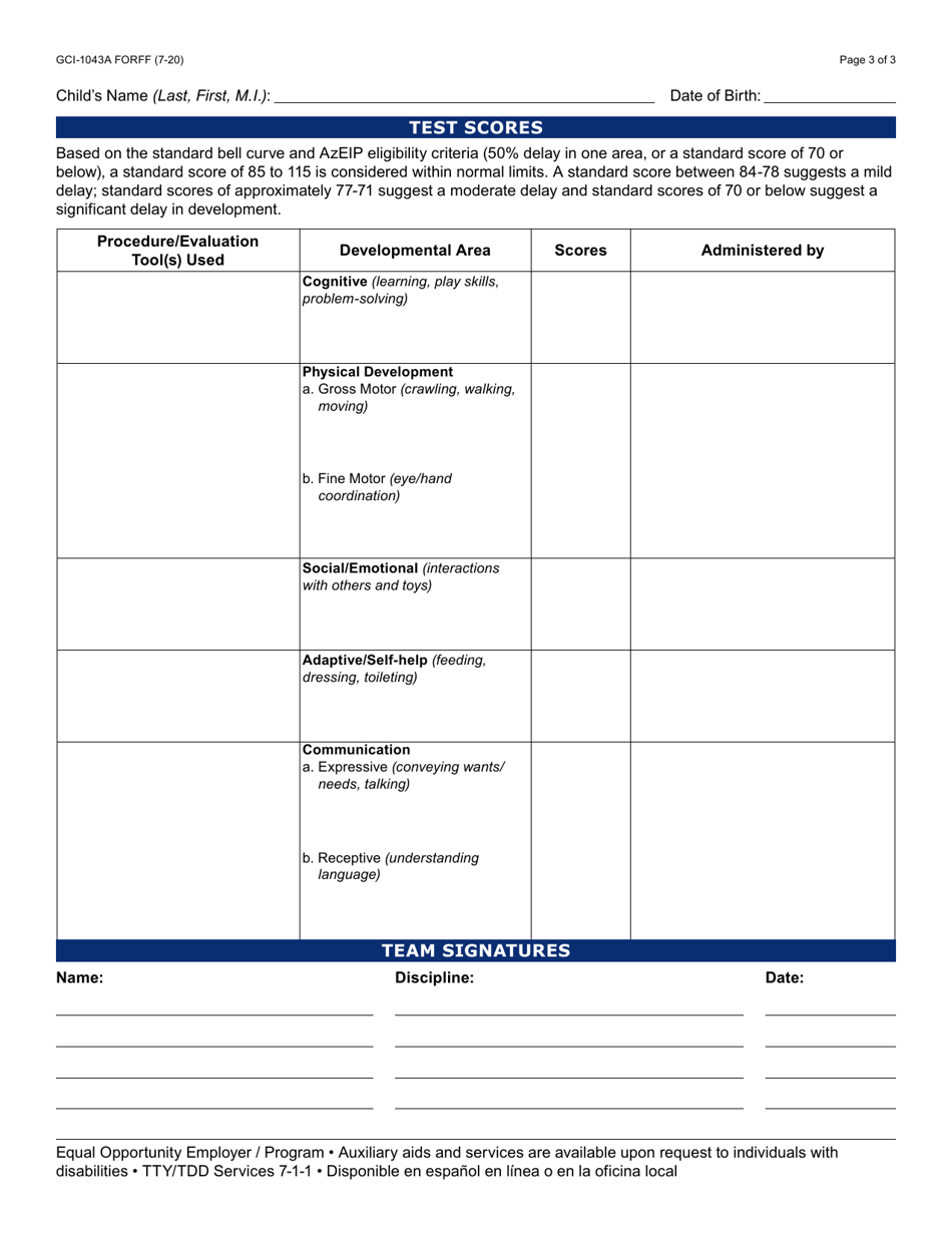 Form GCI-1043A Developmental Evaluation Report - Arizona, Page 3