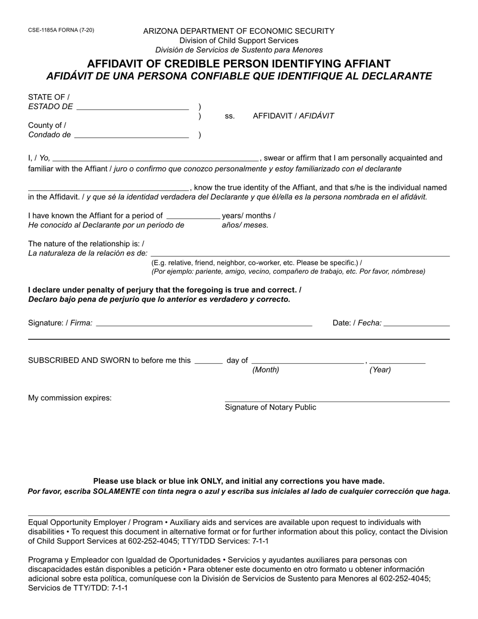 Form CSE-1185A Affidavit of Credible Person Identifying Affiant - Arizona (English / Spanish), Page 1