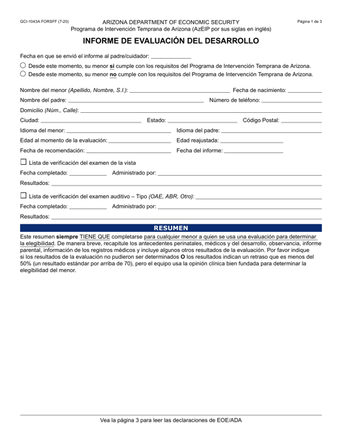 Document preview: Formulario GCI-1043A-S Informe De Evaluacion Del Desarrollo - Arizona (Spanish)