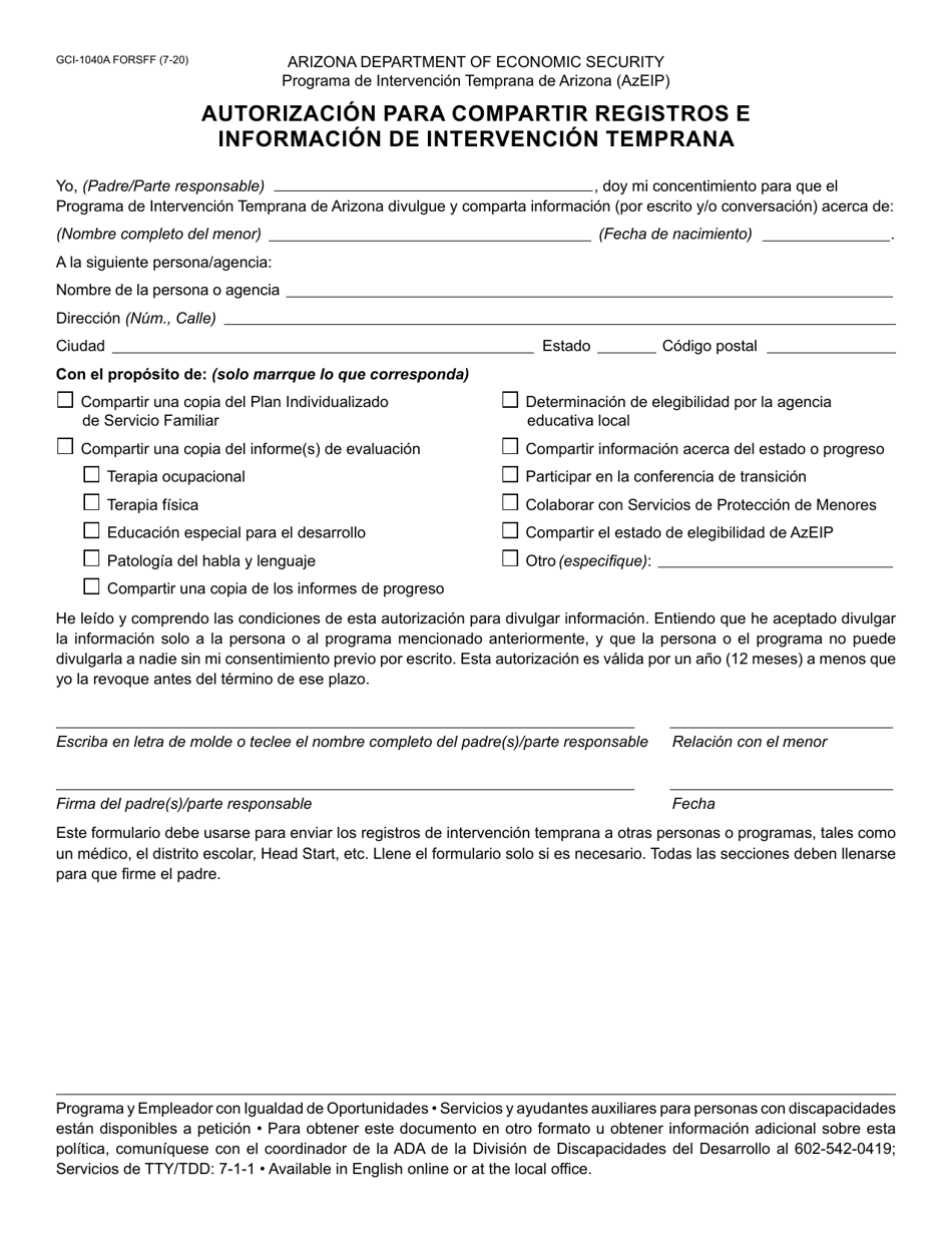 Formulario GCI-1040A-S Autorizacion Para Compartir Registros E Informacion De Intervencion Temprana - Arizona (Spanish), Page 1