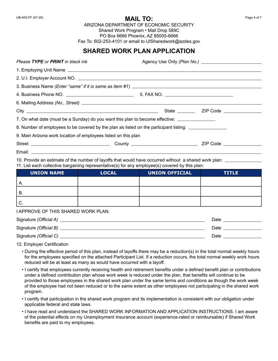 Form UB-400 Shared Work Plan Application - Arizona, Page 5