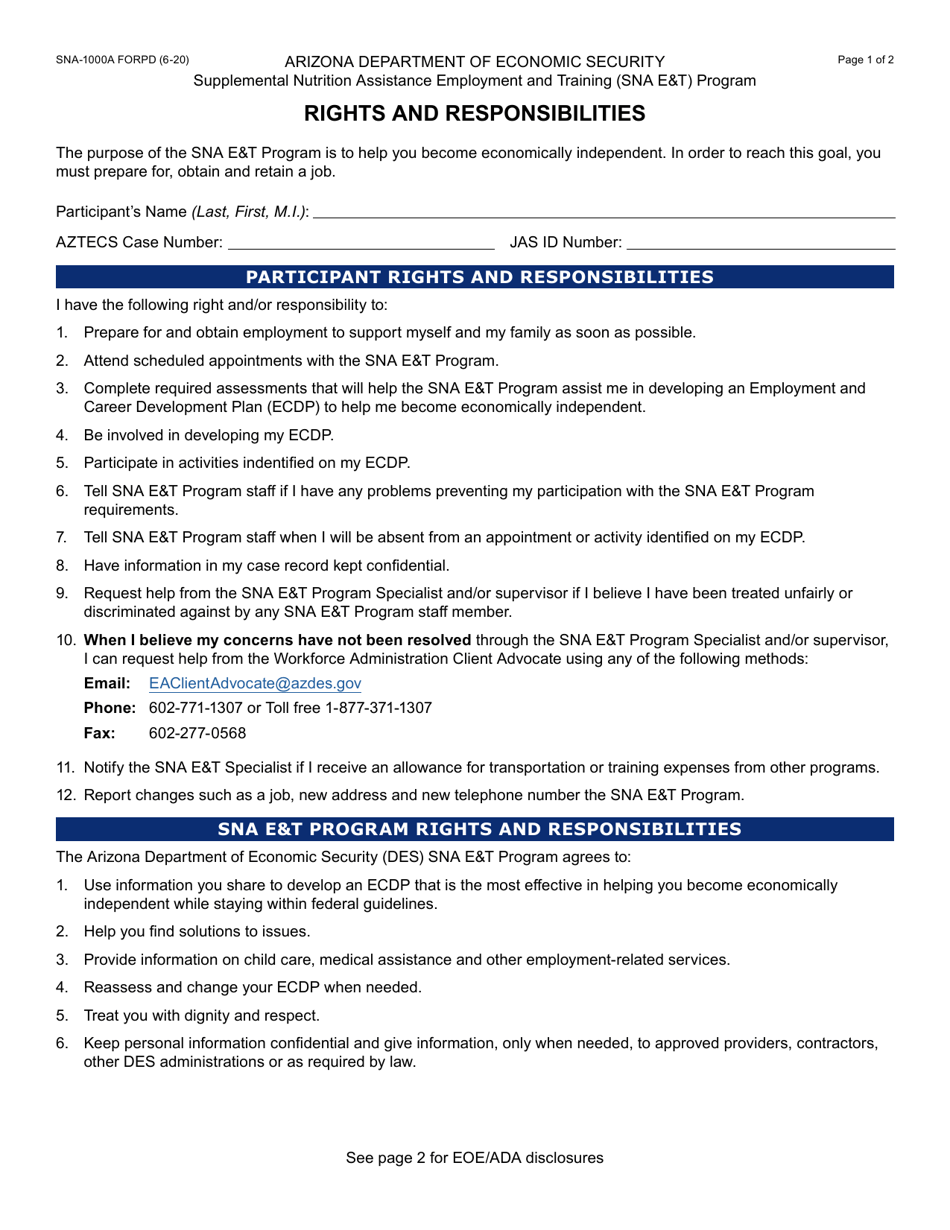 Form SNA-1000A Supplemental Nutrition Assistance Employment and Training (Sna Et) Program Rights and Responsibilities - Arizona, Page 1