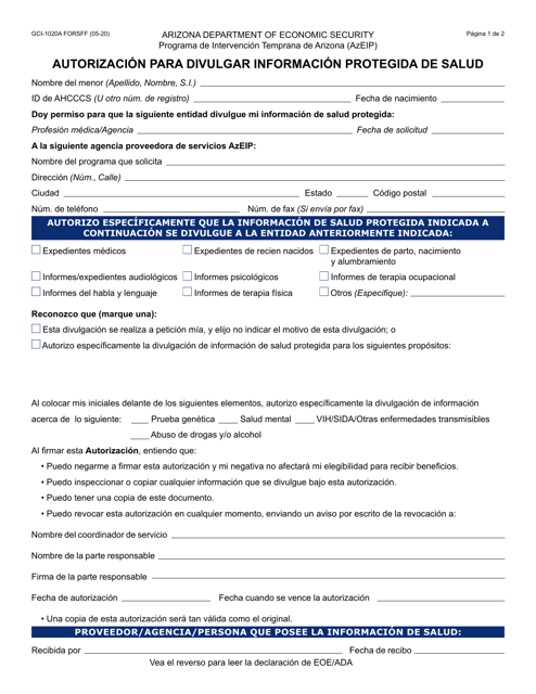 Formulario GCI-1020A-S Autorizacion Para Divulgar Informacion Protegida De Salud - Arizona (Spanish)