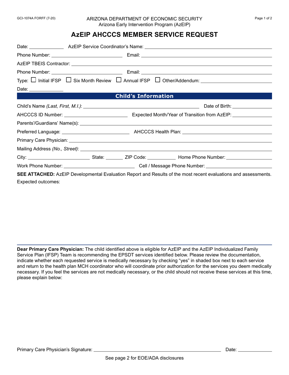 Form GCI-1074A Azeip Ahcccs Member Service Request - Arizona, Page 1