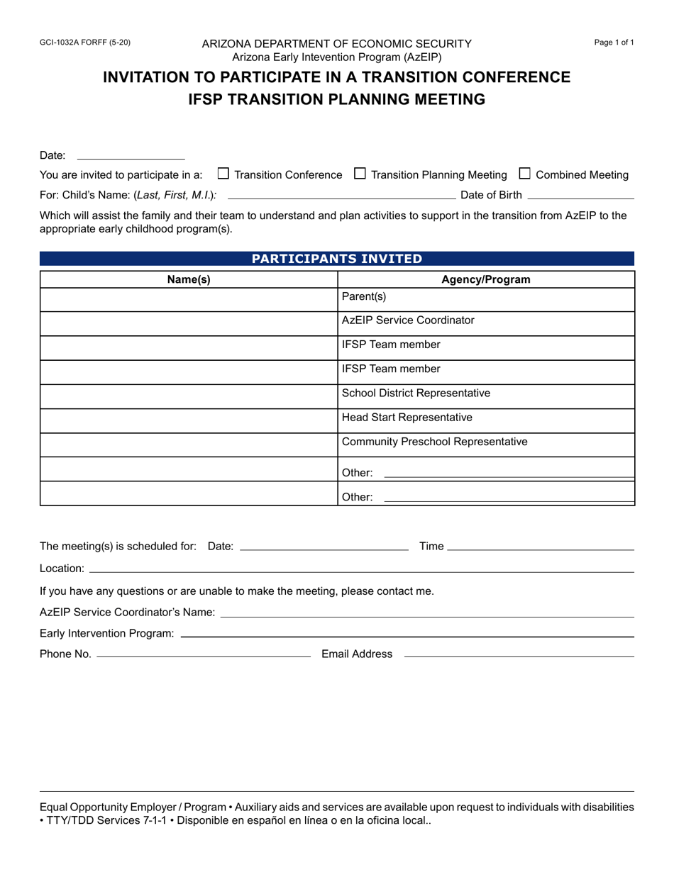 Form GCI-1032A Invitation to Participate in a Transition Conference Ifsp Transition Planning Meeting - Arizona, Page 1