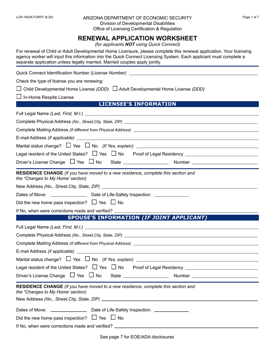 Form LCR-1053A Renewal Application Worksheet - Arizona, Page 1