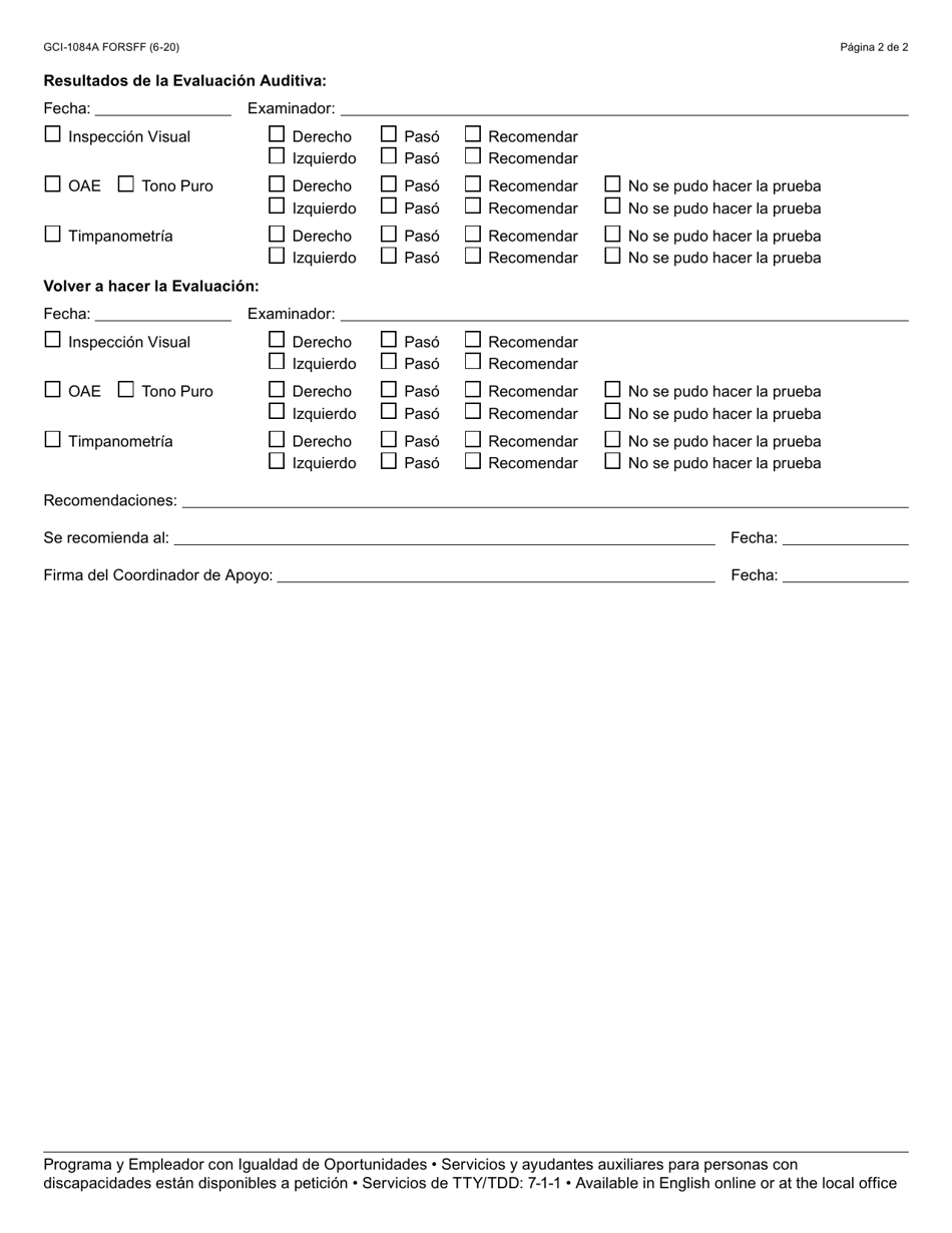 Formulario GCI-1084A-S Seguimiento De La Revision Auditiva - Arizona (Spanish), Page 2