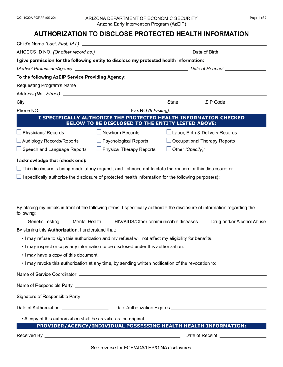 Form GCI-1020A Authorization to Disclose Protected Health Information - Arizona, Page 1