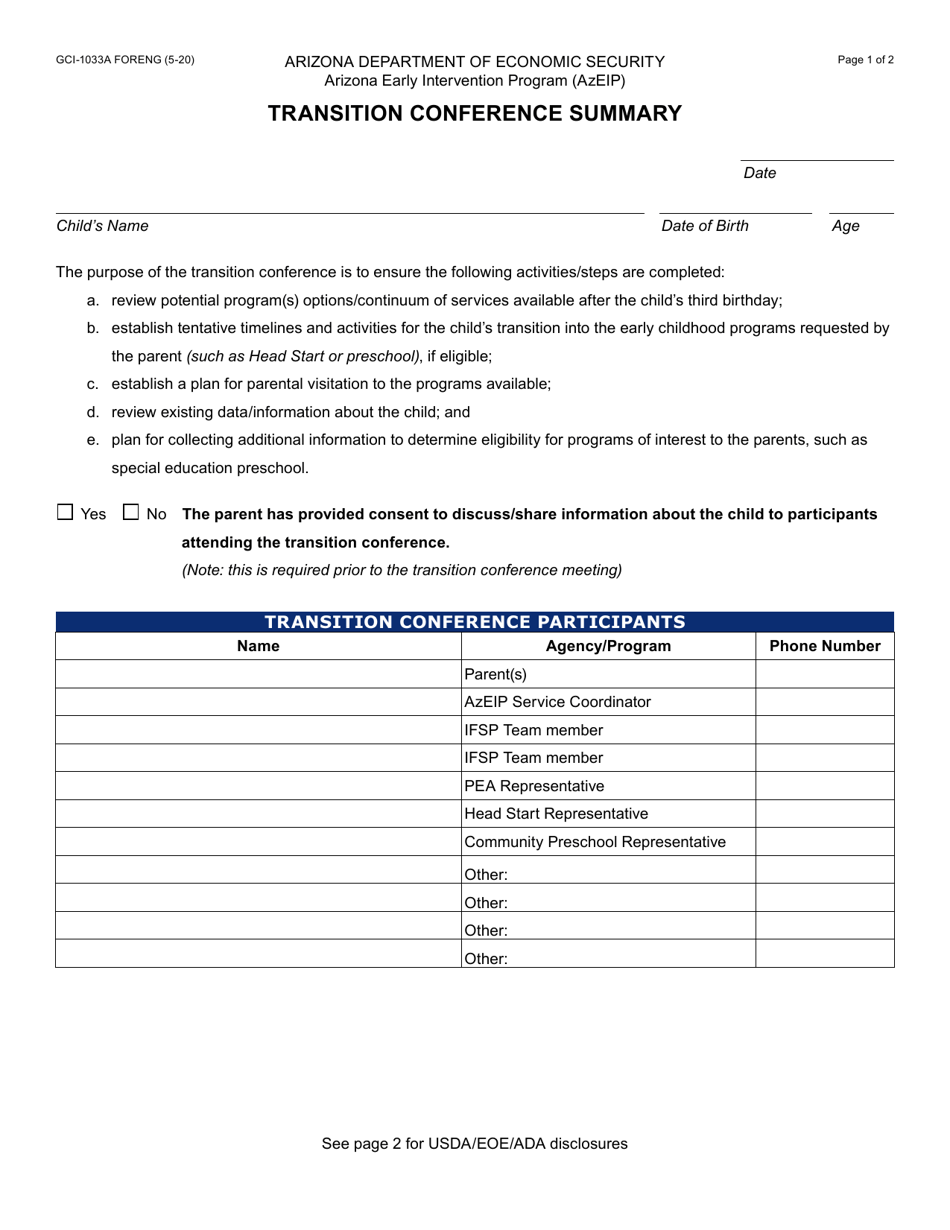 Form GCI-1033A Transition Conference Summary - Arizona, Page 1