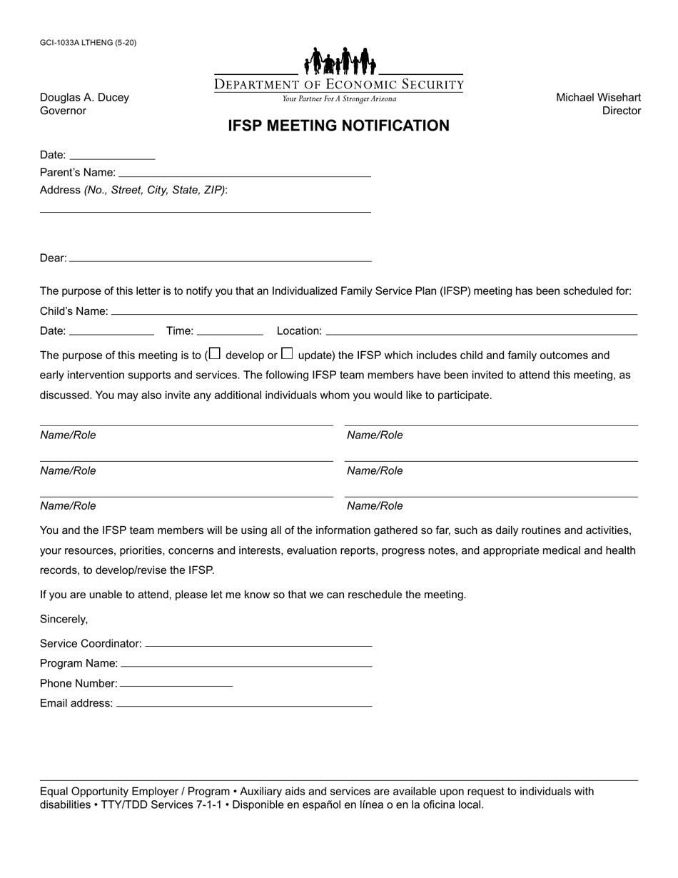 Form GCI-1044A Ifsp Meeting Notification - Arizona, Page 1