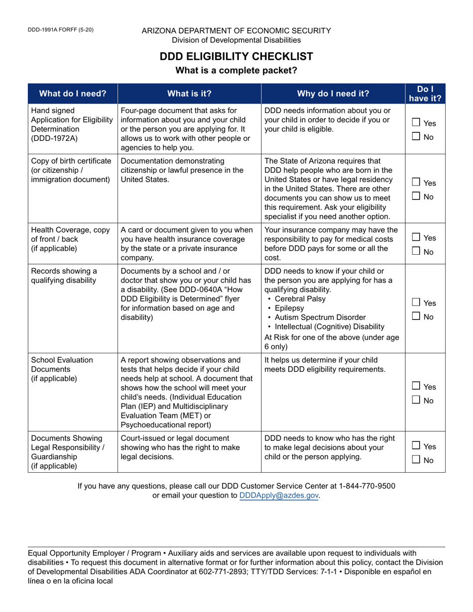 Form DDD-1991A Ddd Eligibility Checklist - Arizona, Page 1