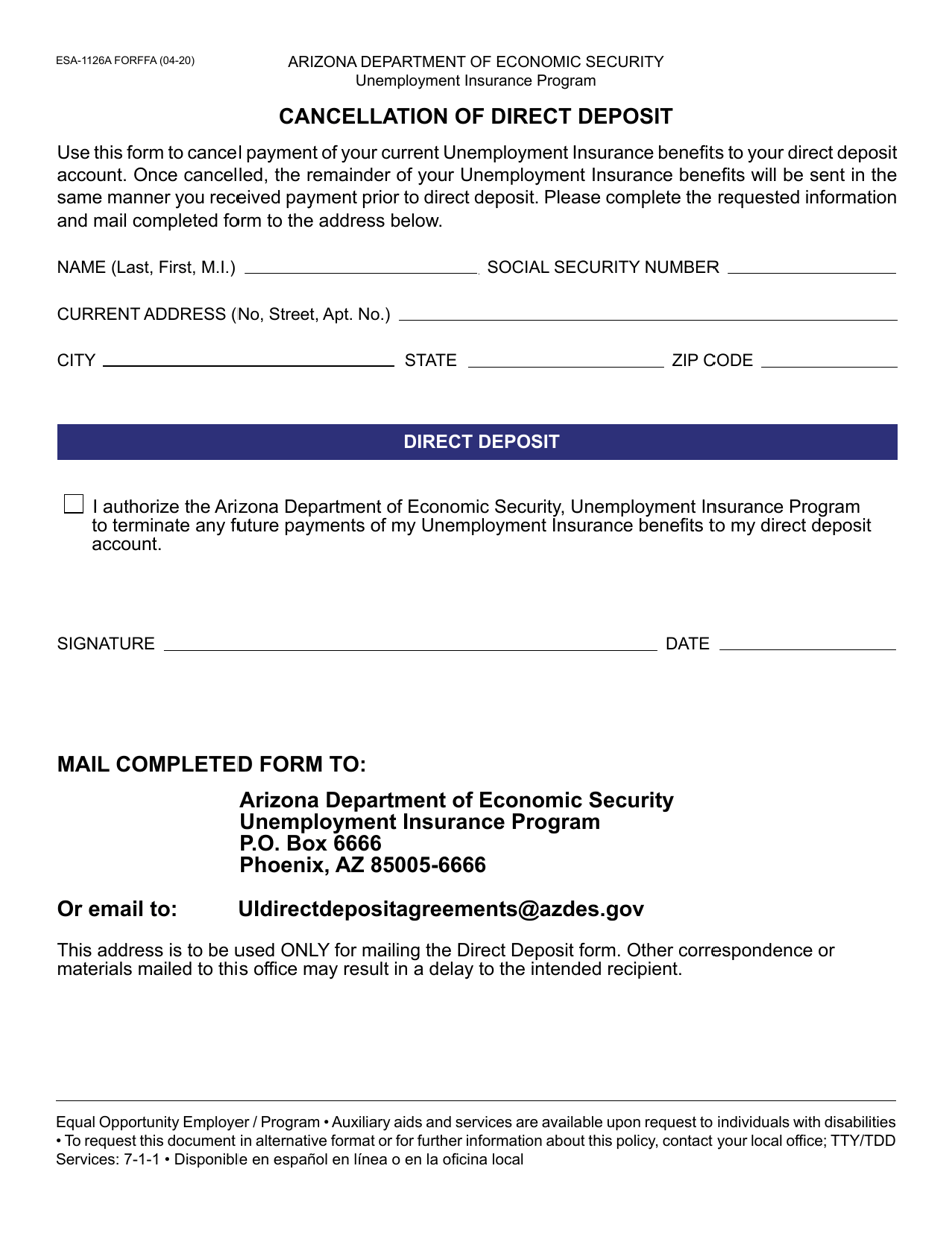 Form ESA-1126A Cancellation of Direct Deposit - Arizona, Page 1