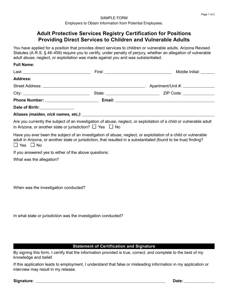 Form AAA-1355A Adult Protective Services Registry Certification for Positions Providing Direct Services to Children and Vulnerable Adults - Arizona, Page 1