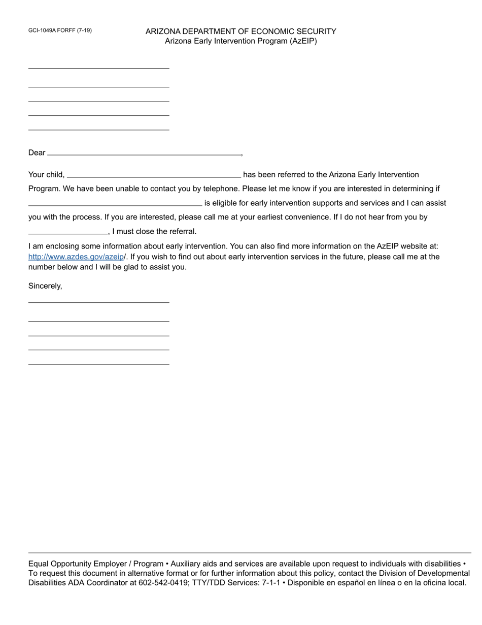 Form GCI-1049A No Contact Letter - Arizona, Page 1