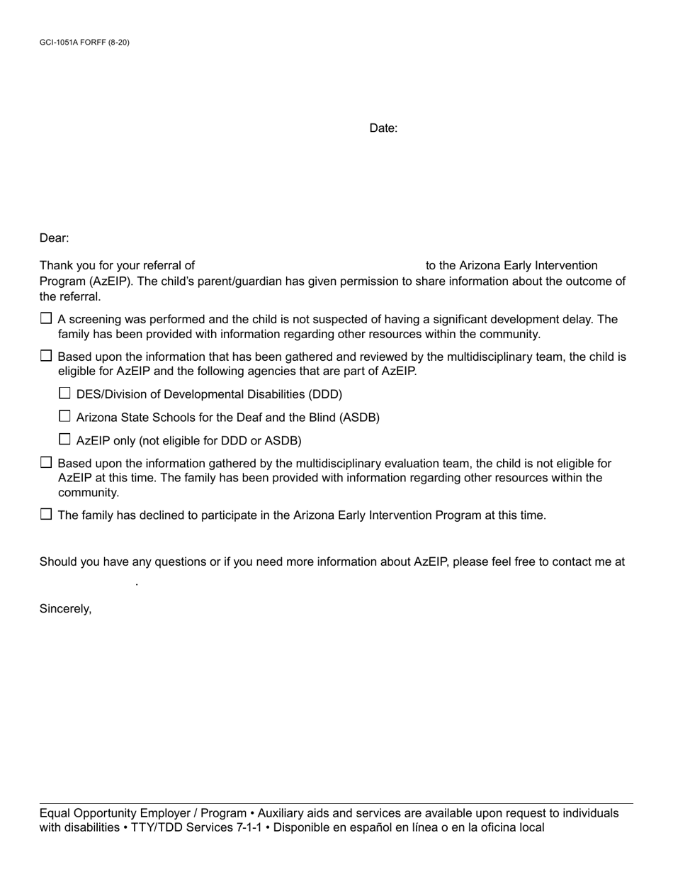 Form GCI-1051A Follow-Up Letter - Arizona, Page 1