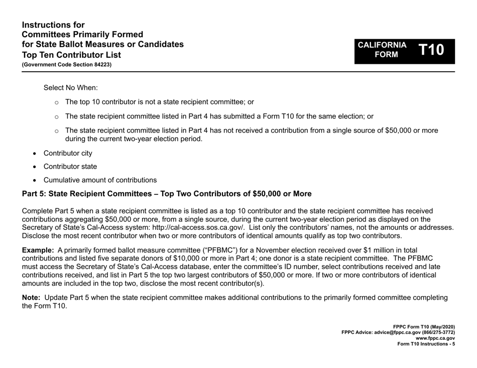 Instructions for FPPC Form T10 Committees Primarily Formed for State Ballot Measures or Candidates Top Ten Contributor List - California, Page 5
