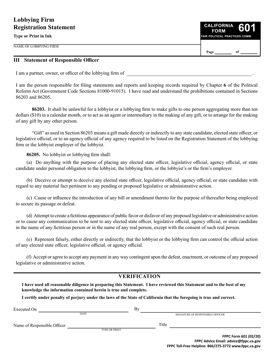 FPPC Form 601 Lobbying Firm Registration Statement - California, Page 5