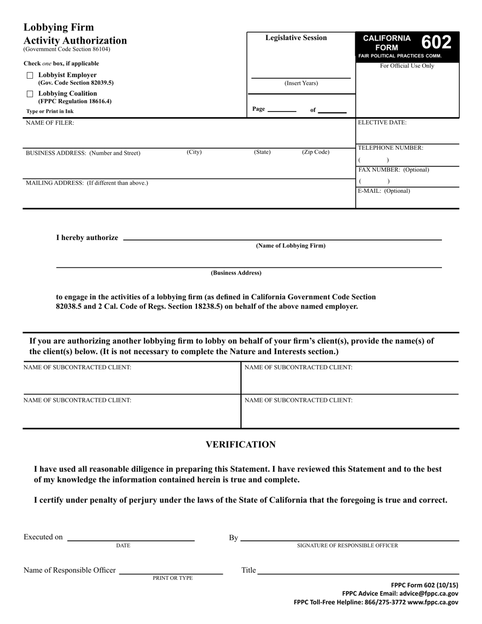 FPPC Form 602 Lobbying Firm Activity Authorization - California, Page 2