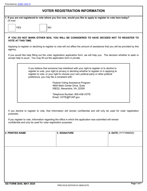 DD Form 2645 Voter Registration Information