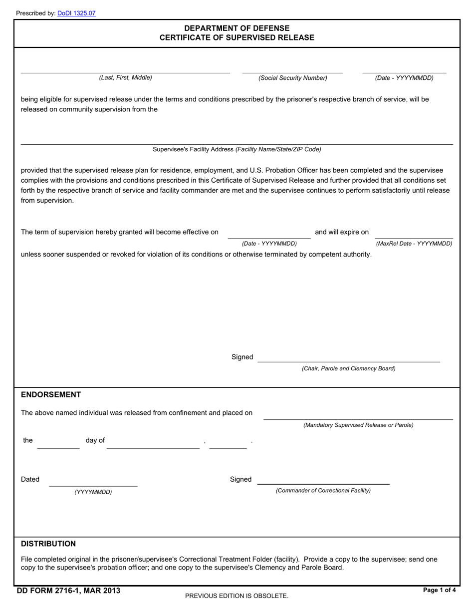 DD Form 2716-1 Department of Defense Certificate of Supervised Release, Page 1