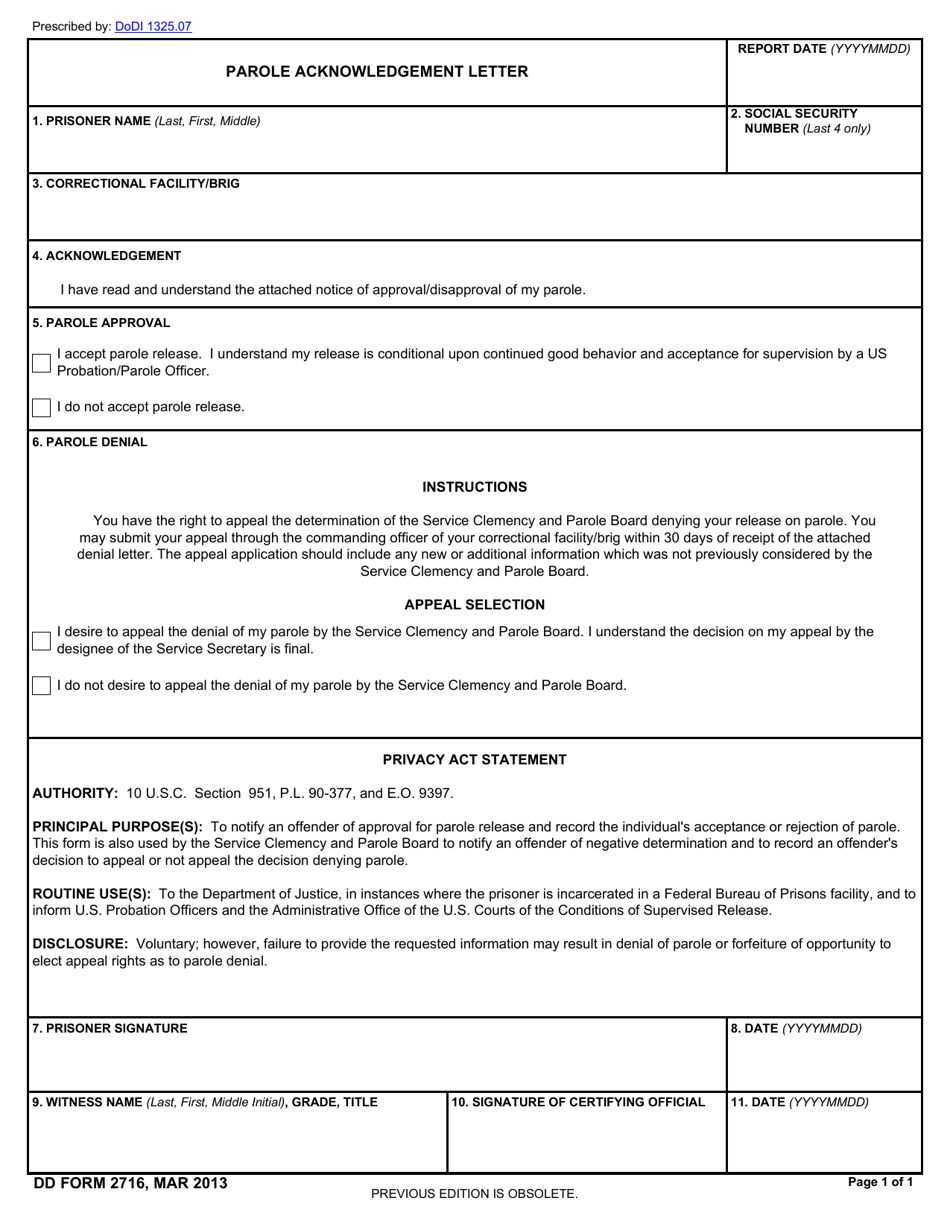 DD Form 2716 Parole Acknowledgement Letter, Page 1