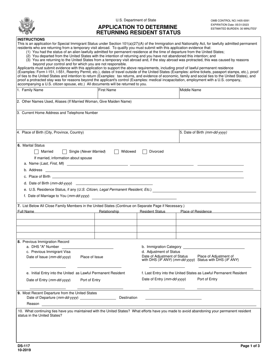 Form DS117 Fill Out, Sign Online and Download Fillable PDF