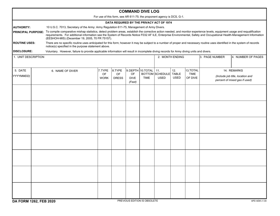 DA Form 1262 Download Fillable PDF or Fill Online Command Dive Log ...