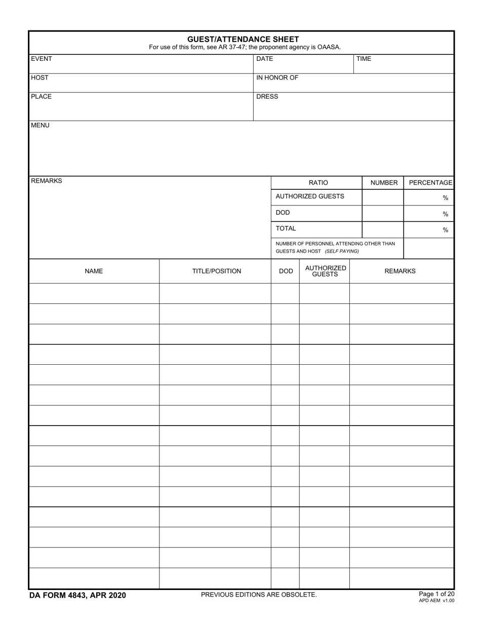 DA Form 4843 Download Fillable PDF or Fill Online Guest/Attendance Sheet 2012 — 2024 | Templateroller