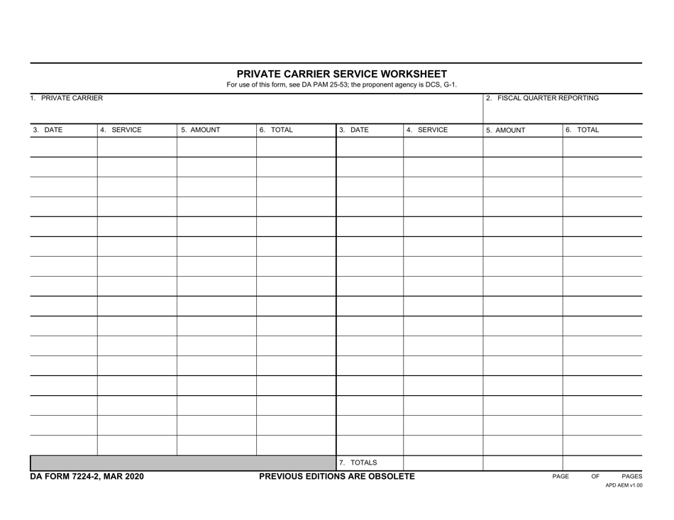 DA Form 7224-2 Private Carrier Service Worksheet, Page 1
